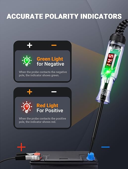 Automotive Test Light with 3-48V LED Digital Display, Circuit Tester Automotive with Voltmeter and Dual Color Polarity Indicator Light, Electrical Voltage Test Pen with Sharp Stainless Probe