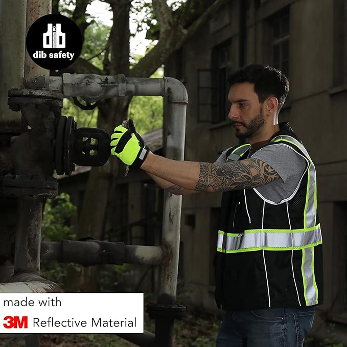 Dib Safety Vest Reflective Black Mesh, High Visibility Vest with Pockets and Zipper, Heavy Duty Vest Made with 3M Reflective Tape XL