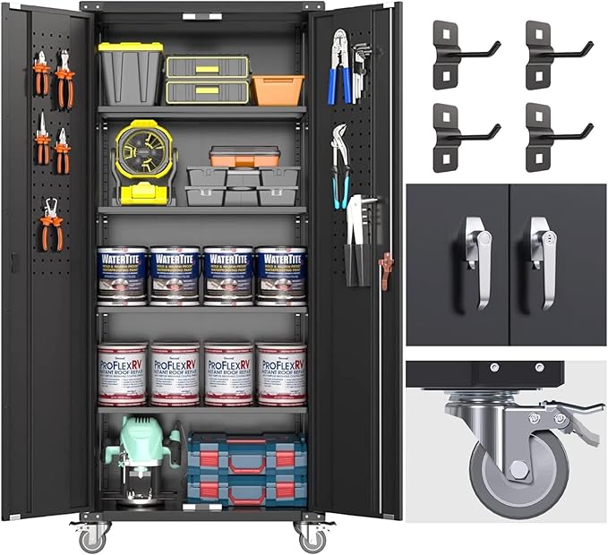72" Metal Storage Cabinet with Wheels and Pegboard, Lockable Rolling Steel Storage Cabinet with 4 Adjustable Shelves and Door for Garage, Office, Kitchen, Assembly Required