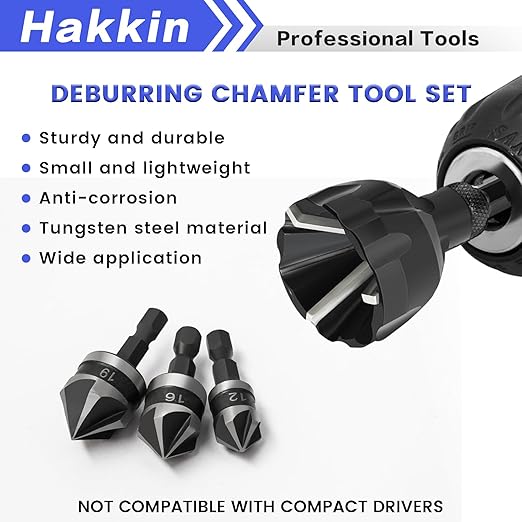 Deburring External Chamfer Tool with Tungsten Carbide Blade, Hakkin 5Pcs Remove Burr Tools with Quick Release Shank, Deburring Drill Bit Set Fits for 1/8"- 3/4" (3mm-20mm) Stainless Steel Countersink