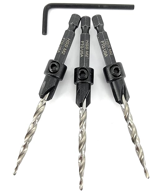 FTG USA Adjustable Wood Countersink Drill Bit Set 3 Pc #10 (3/16") with Tapered Drill Bits for Woodworking