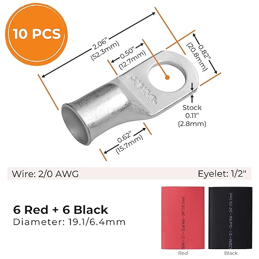 SELTERM 10pcs - 2/0 Awg - 1/2" Stud - Battery Lugs - Ring Terminal Connectors with 12pcs 3:1 Black & Red Heat Shrink Tubing with Adhesive | Heavy Duty Battery Cable Ends - Tinned Copper Wire Lugs Kit