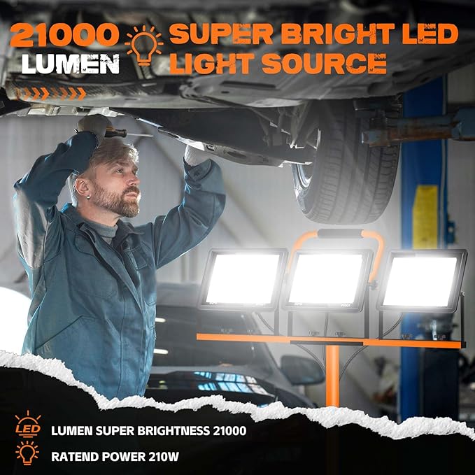 21000 Lumen Work Lights with Stand, 3 Adjustable Head LED Work Light, with Adjustable and Foldable Tripod Stand, Waterproof Lamp with Individual Switch with 6500 Kelvin Color Temperature