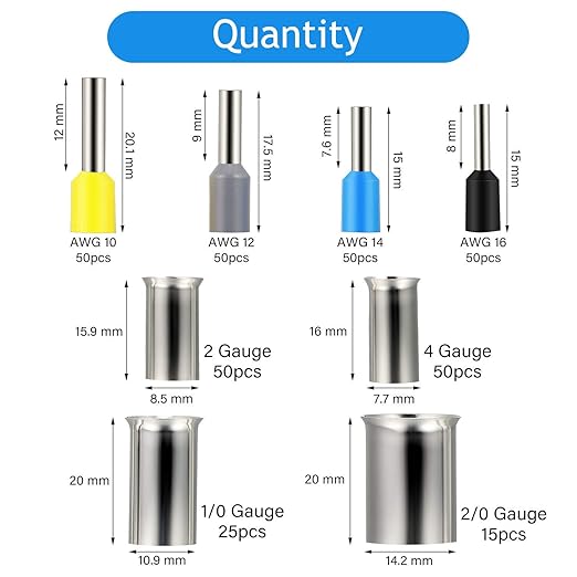 440 Pieces Wire Ferrules Kits Ferrules Wire Ends Terminals Crimp Terminal Connector Sleeves AWG (2/0 1/0 2 4 10 12 14 16)