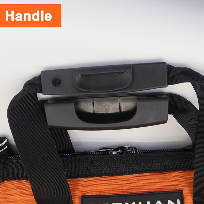 Tool Bag 16 Inch Molded Plastic Base Heavy Duty Waterproof Orange Tool Organizer Wide Mouth With Shoulder Strap for Power Tools and Hand Tools Oxford Cloth Fabric (16 Pockets)