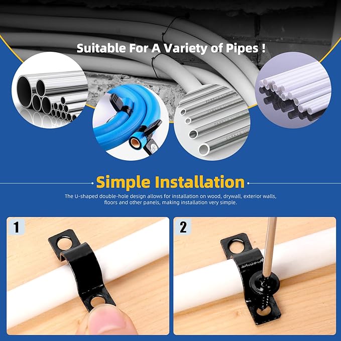 Glarks 75pcs 10mm Pipe Strap Clamp, Black Carbon Steel 2 Hole Strap Heavy Duty Rigid Pipe Strap U Bracket Tube Strap Cable Clamp Hanger Tension Tube Clip with screw for Pipe Tube Cable Fixing
