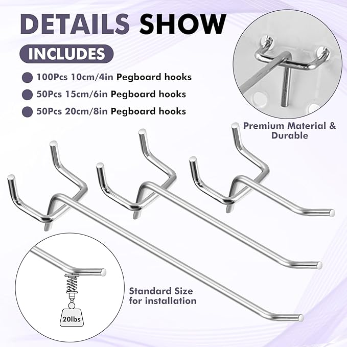 Hicarer 200 Pcs Stainless Steel Pegboard Hooks Multiple Sizes Fit 1/4" or 1/8" Pegboard Ideal for Garage Tool Organization, Wall Storage(4 Inch, 6 Inch, 8 Inch)