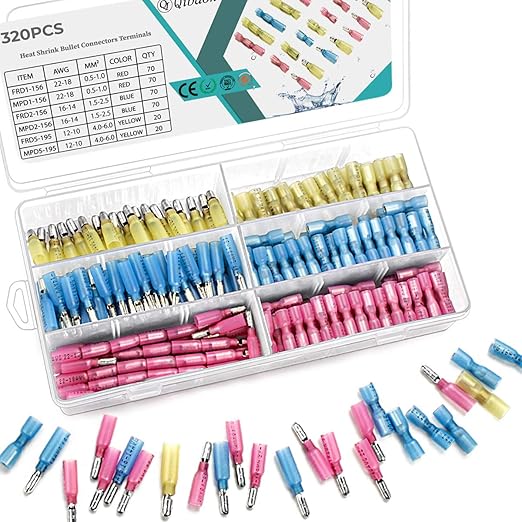 Qibaok 320PCS Heat Shrink Bullet Connectors Kit Female & Male Bullet Butt Terminals Insulated Waterproof Electrical Marine Crimp Automotive Connectors