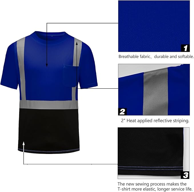 High Visibility Shirts Quick Dry Safety T Shirts with Reflective Strips and Pocket Short Sleeve Mesh Hi Vis Construction Work Class 2 Shirt for Men/Women Black Bottom Blue,Medium