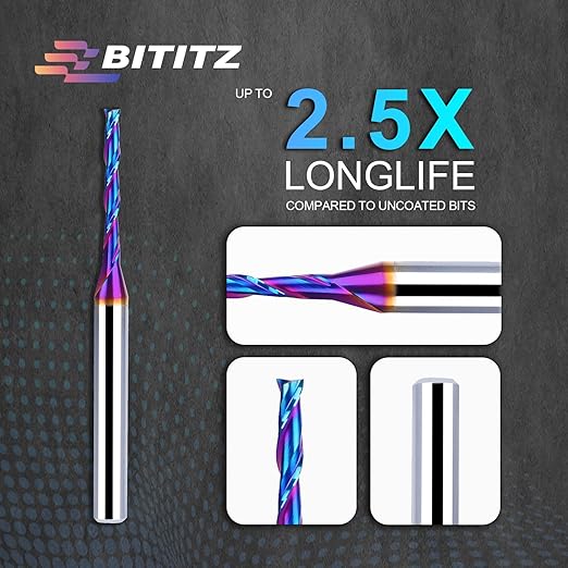 2PCS Upcut Spiral Router Bit 1/4 Inch Shank 1/8 Inch Cutting Diameter 1 inch Cutting Length with Extra Long Life Coating CNC Router Bits End Mill for Wood Cutting, Slot Mortise, Engraving