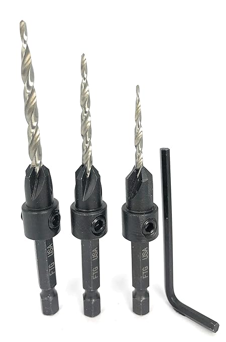 FTG USA Adjustable Wood Countersink Drill Bit Set #6#8#10 Set with Tapered Drill Bits for Woodworking