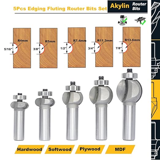 5Pcs Edging Fluting Bits Set,1/2" Shank, Concave Sunk Bead Router Bits Radius R4mm,R5mm,R5mm,R11.3mm,and R13.6mm,Bearing Guided Decorative Edge Bits for Wood Profiling,Molding