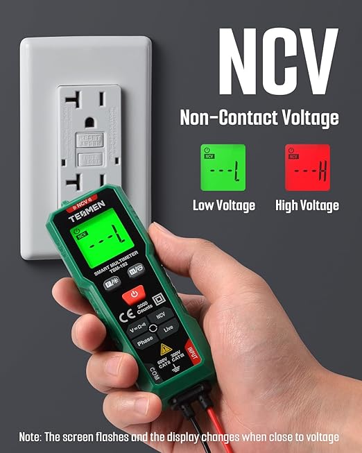 TESMEN TSM-192 Handheld Digital Multimeter, Voltage Tester with Leads, Voltmeter Measures Phase, NCV, AC/DC Voltage, Resistance, Continuity & Live Wire for Automotive Testing, Household-Green