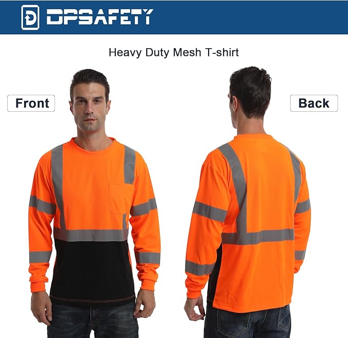 High Visibility Class 3 T Shirts，Hi Vis Safety Shirts with Reflective Strips and Pocket, Long Sleeve Quick Dry Mesh Construction Work Shirt for Men/Women Black Bottom Orange,6XL