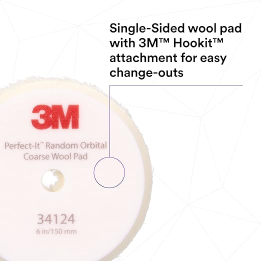 3M Perfect-It Random Orbital Coarse Wool Compounding Pad, 6"/150 mm, White, 34124, Orbital Pads for Automotive Compounding and Polishing