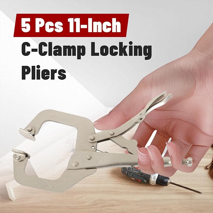 findmall 11 Inch Locking C-Clamp 5Pack Locking Pliers Adjustable Welding Clamps Vise W/Regular Tip and Swivel Pad for Shop Home Farm and Automotive