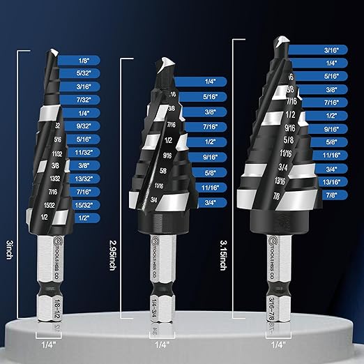 M35 Four Spiral Flute Cobalt Step Drill Bit Set 1/8"-7/8", Industrial Grade Wear-Resistant TiAlN Coated 1/4" Hex Shank Step Bit for Metal, Stainless Steel, Aluminum, Wood, Plastic (3pcs)