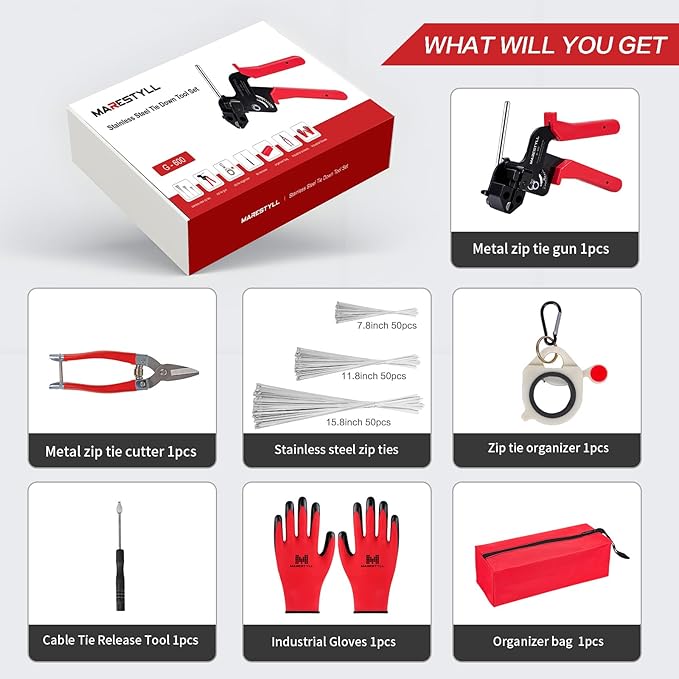 Metal Zip Ties Gun Set-For Fastening And Cutting Tie Special Tool,With 150pcs Stainless Steel Zip Ties Heavy Duty Outdoor，For Chain Link Fence Parts, Wire Fence Rolls,Exhaust Wrap, Poultry Fence