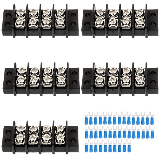 4 Circuits 4 Positions Terminal Block 20-30A 200-450V Dual Row Screw Terminals Strip with 40 PCS Heat Shrink Wire Fork Connectors(Pack of 5pcs)