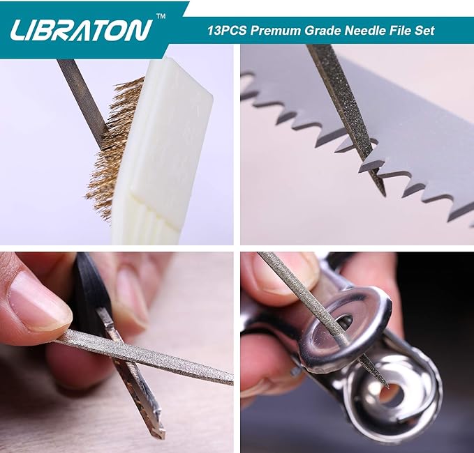 LIBRATON Small File Set, Needle Diamond Files 13PCS, 6pcs Jewlers & 6 Steel for Precision Metal Work, Wood, Woodworking, Plastic Carving Tool with Brush and Carry Case