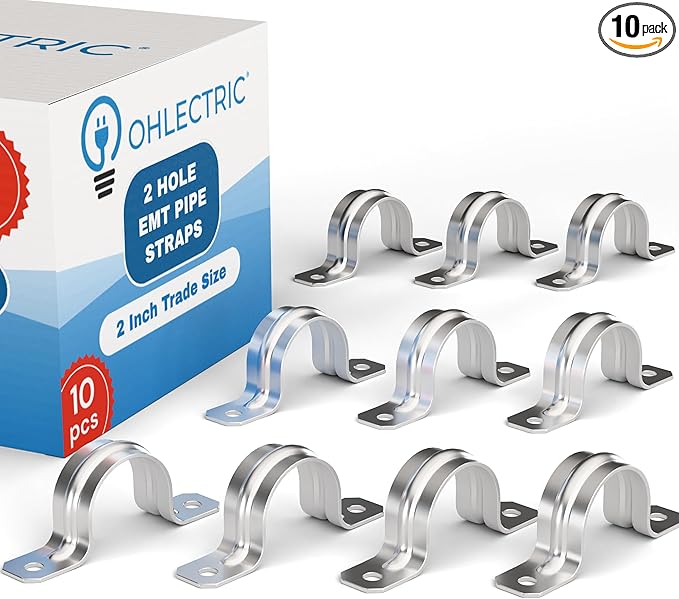 OHLECTRIC Heavy Duty Pipe Strap (10 Pack - 2 Inch) Zinc Plated Conduit Clamps, 2 Hole Steel EMT Pipe Strap U Bracket, Zinc Coated Tension Tube Clip, Metal Pipe Clamp for EMT Conduits
