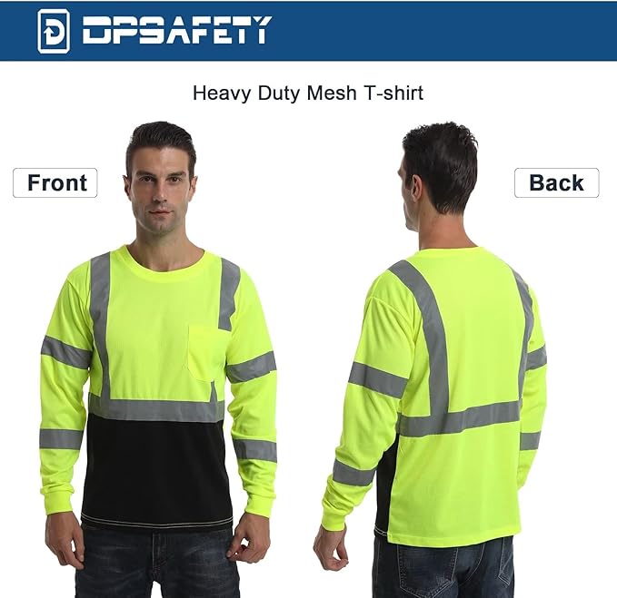 High Visibility Class 3 T Shirts，Hi Vis Safety Shirts with Reflective Strips and Pocket, Long Sleeve Quick Dry Mesh Construction Work Shirt for Men/Women Black Bottom Lime,Large