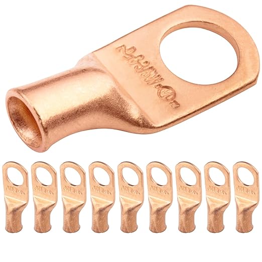 SELTERM 10pcs 6 AWG - 3/8" Stud - Battery Lugs, Heavy Duty Wire Lugs, Ring Terminals, Battery Cable Ends,6 Gauge Terminals, UL Bare Copper Eyelets Electrical Battery Terminal Connectors