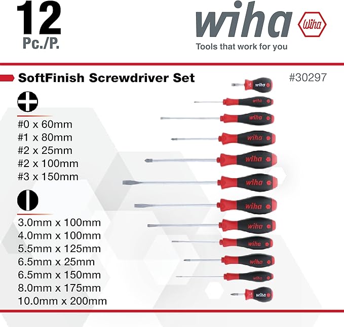Wiha 30297 12-Piece Slotted and Phillips Screwdriver Set with Soft Finish Handles