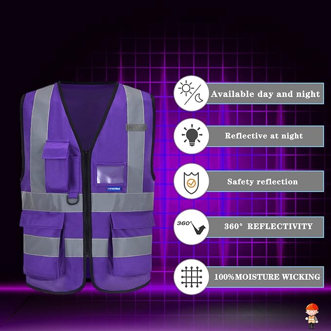 A-SAFETY Purple Reflective Safety Vest - Workwear with 7 Pockets, Hi Vis, Durable, 4 Lower Pockets