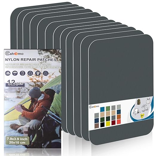7.9x3.9 inch 12 PCS Nylon Repair Patch Nylon Repair Tape Self Adhesive Fabric Tapes Outdoor Camping Gear Fabric kit for Tent, Umbrella, Down Jackets, Sleeping Bag, Knapsack（Dark Gray）