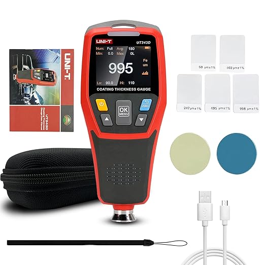 Paint Thickness Gauge for Cars UT343D Upgraded Coating Wet Film Thickness Gauge Paint Correction Precious Metal Tester Tool with Visual Go-NoGo Indicator Auto Rotatable Display