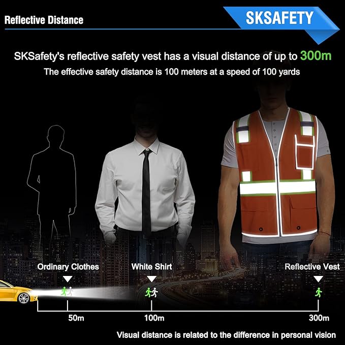SKSAFETY 10 Pockets Safety Vest, Class 2 High Visibility Security with Zipper Double-sided mesh, Hi Vis Vest with Reflective Strips, ANSI/ISEA Standard, Construction Work Vest （Orange, XL）