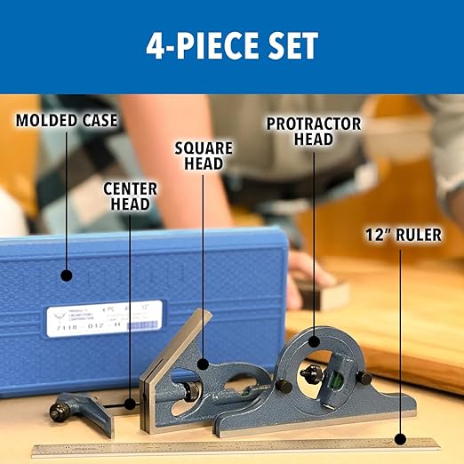 PEC Tools 4-Piece Hardened Combination Square Set - 4R 12”Machinist Blade, Cast Iron Head, Center Head, Combination Square with Level and Scribe Tool, Reversible Locking Bolt, Made in USA
