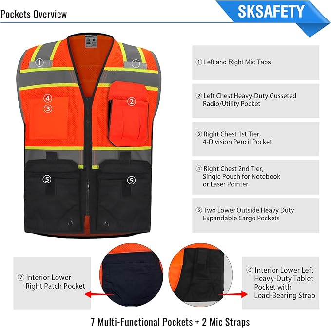 SKSAFETY 10 Pockets Professional level Safety Vest, Class 2 High Visibility Security Vest with Zipper, Hi Vis Vest with Reflective Strips, ANSI/ISEA Standard, Construction Work Vest（Orange Black, 4XL）