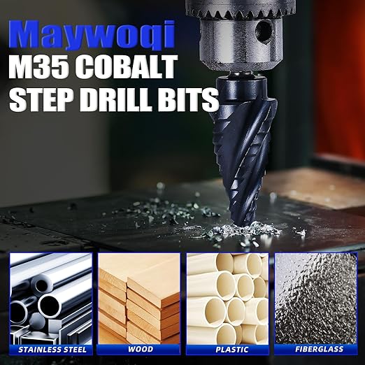 Four Spiral Flute Cobalt Step Drill Bit, 3/16"-7/8" M35 Cobalt Step Drill Bit Wear-Resistant AlTiN Coated, 1/4" Hex Shank for Hole Drilling in Stainless Steel, Copper, Aluminum, Wood, Plastic