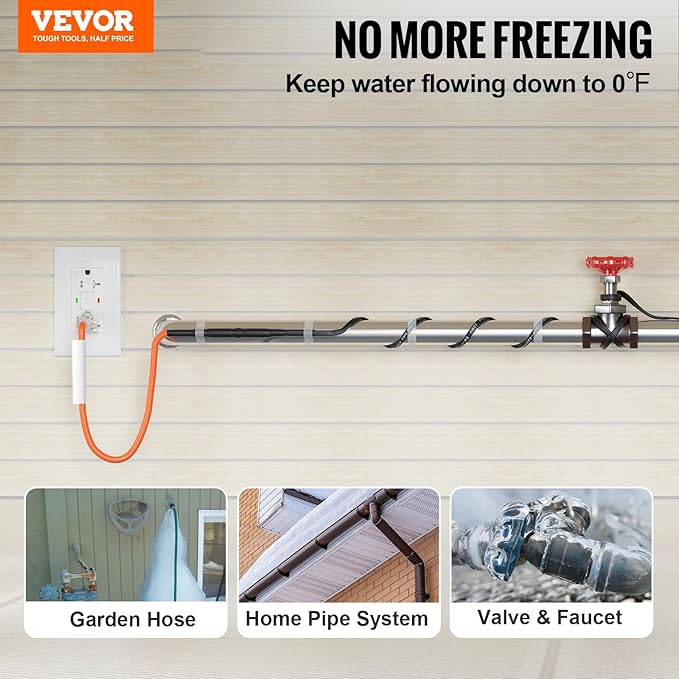 VEVOR Self-Regulating Pipe Heating Cable, 3FT 5W/FT Heat Tape for Pipes Freeze Protection, Water Pipe Heat Cable with Built-in Thermostat Protects PVC Hose, Metal and Plastic Pipe from Freezing