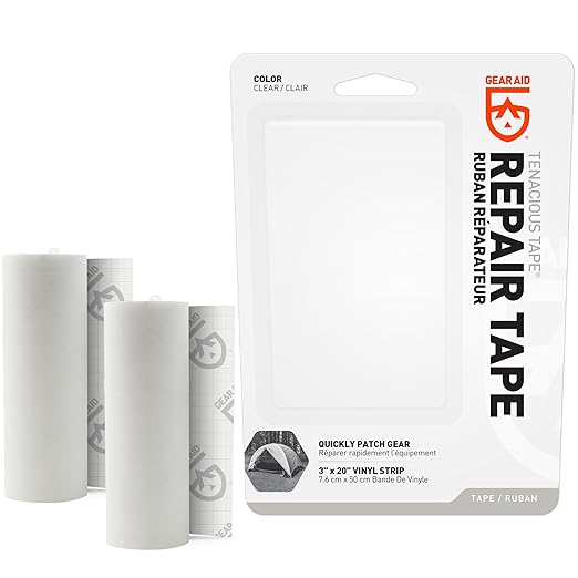 GEAR AID Tenacious Tape 3”x20” Fabric and Vinyl Gear Repair Tape, Quickly Fix Holes and Rips in Puffy Jackets, Rain and Snow Gear, Tents, Sleeping Bag and More, Clear, 2 Pack