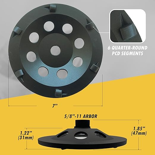 7" PCD Grinding Wheel for Epoxy, Glue, Mastic and Paint, 6 PCD Segments, 5/8"-11 Threaded Arbor