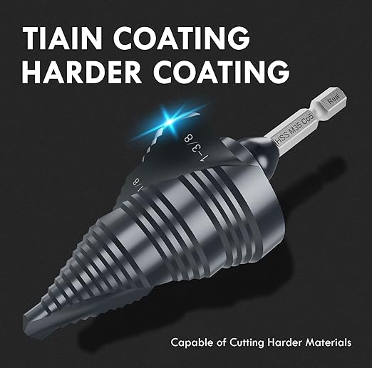 UPGRADE M35 Cobalt Step Drill Bit with Ultra TiAIN Coating, 1/4" - 1-3/8" Unibit Step Bit with Double Sprial Flute, 1/4" Hex Shank Drill Bit for Metal, Stainless Steel, Aluminum, Copper, Wood