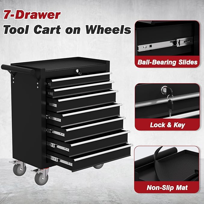 Rolling Tool Chest with Drawers, 7 Drawers Tool Chests & Cabinets, Metal Toolbox with Wheels, Lockable Storage Cabinet, Garage Tool Box with Drawers (Black, 7 Drawers)