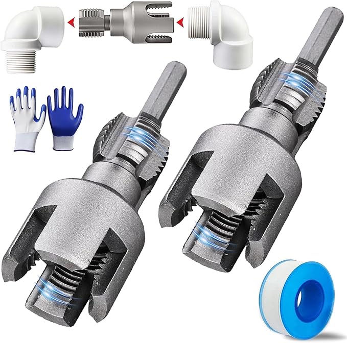 Integrated Internal & External Pipe Threading Tool, Pipe Thread Cutting Tool, Electric Drill Compatible 2 In 1 PVC Pipe Threader Kit, 1/2" 3/4" PVC Thread Maker Tool for Water Pipes (2 Pcs 3/4’’)