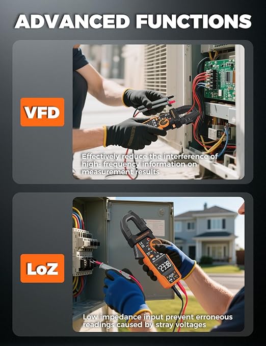 Digital Inrush Clamp Meter, CM06Pro Clamp Multimeter, T-RMS 6000 Counts 1000A Amp Voltage Tester with VFD, LOZ, Measures NCV, AC/DC Voltage Current, Continuity Capacitance Resistance