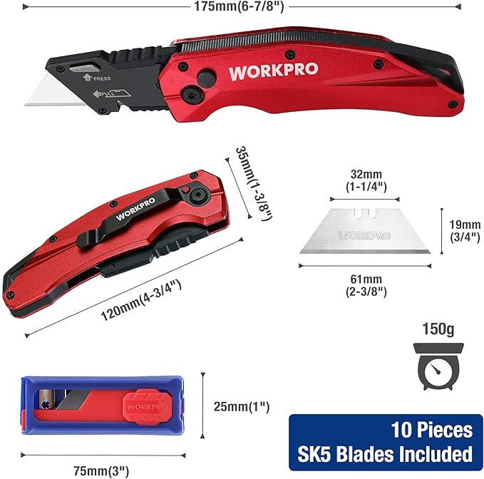 WORKPRO Folding Utility Knife, Heavy Duty Metal, Quick Open Axis Lock Box Cutter, Quick Change Blade Razor Knife, 1PC with 10 Extra SK5 Blades