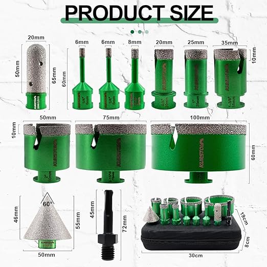 Diamond Tile Hole Saw Kit - KURSTOL 6/6/8/20/25/35/50/75/100mm Diamond Core Drill Bits+4/5" Finger Milling Bit+2" Beveling Chamfer Bit+SDS Adapter for Porcelain Ceramic Tile Granite Marble