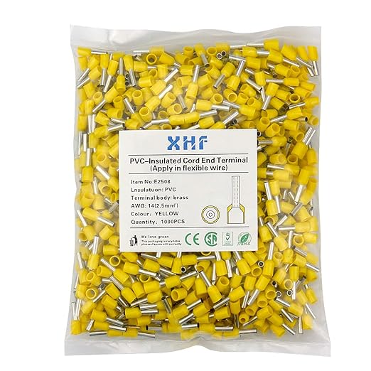 XHF 1000 PCS AWG 14/2.5mm² Wire Ferrules Insulated Copper Crimp Connectors, Crimp Pin Cord End Terminals Yellow