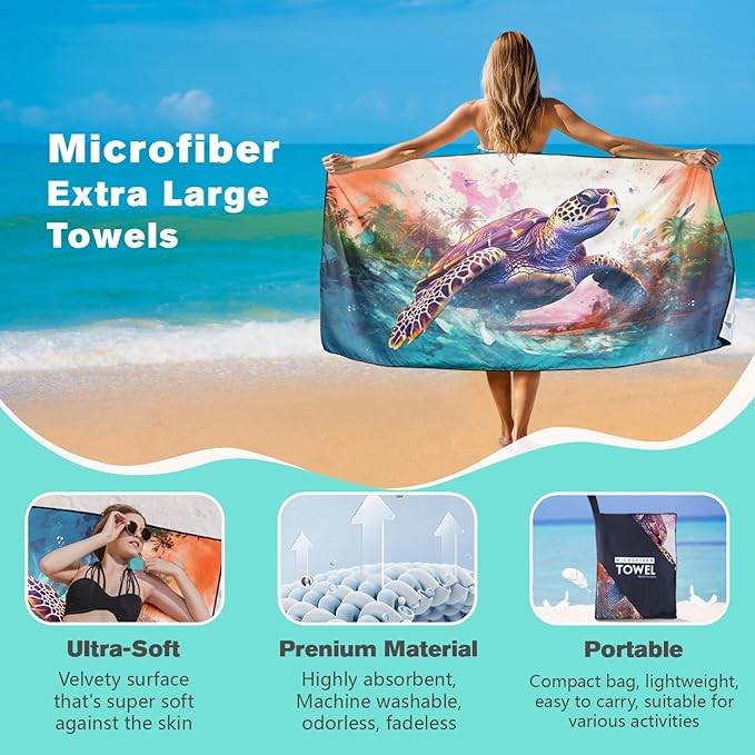 Giant Turtle Beach Towel Oversized 36" x 72", Thin Lightweight Sand Free Quick Dry Microfiber Towel for Swimming Pool Cruise Camping Travel