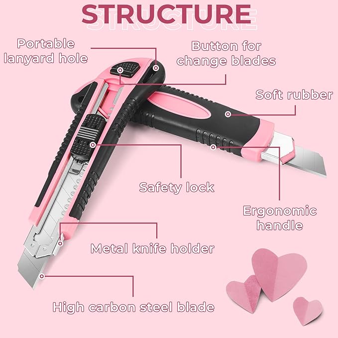 3-Pack Box Cutter, 18mm Wide Blade Utility Knife Retractable, Pink Box Cutter with Quick Change Blade and Lanyard Hole Design, Exacto Knife Suitable for DIY, Office, Arts Crafts and Home