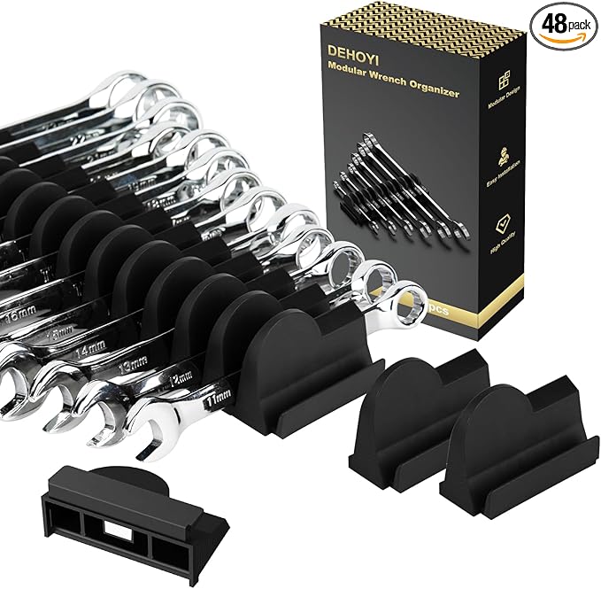 48 pcs MAGNETIC Modular Wrench Organizers for Tool Drawers - Wrench Rack with Metric&SAE Labels, Perfect Tool Storage Holder with Magnet. Gift for father, brother and boyfriend (Black with Magnets)