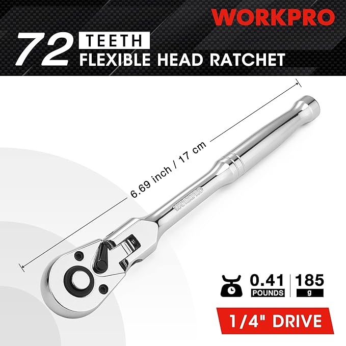 WORKPRO 1/4" Drive Flex Head Ratchet 72-Tooth Ratchet Flex Head with Chromium Plating Quick Release Reversible Design, 5 Degree Swing