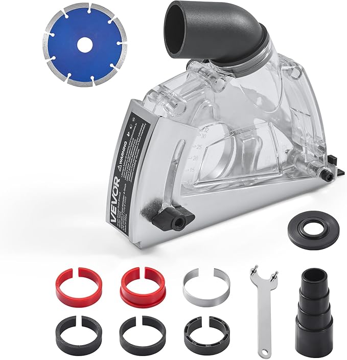 VEVOR Cutting Dust Shroud for Angle Grinders, Universal 4-5 in Angle Grinder Dust Shroud with 6 Clamping Washers & 5 in Diamond Grinding Cup Wheel, Adjustable Cutting Depth, Connect to Vacuum Cleaner